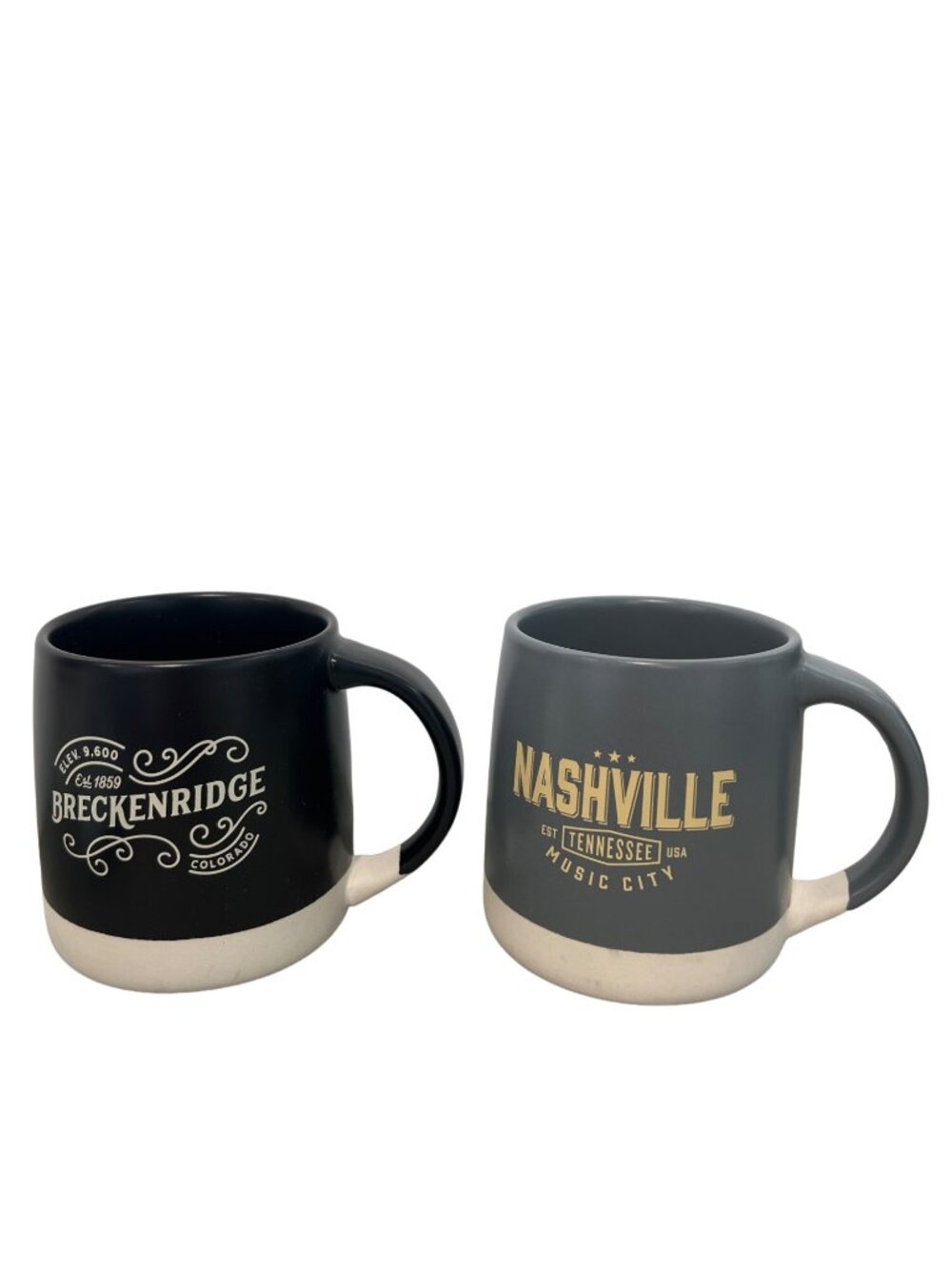 Magnolia Ceramic Mugs Breckenridge & Nashville Themed Black Gray Set of Two NEW